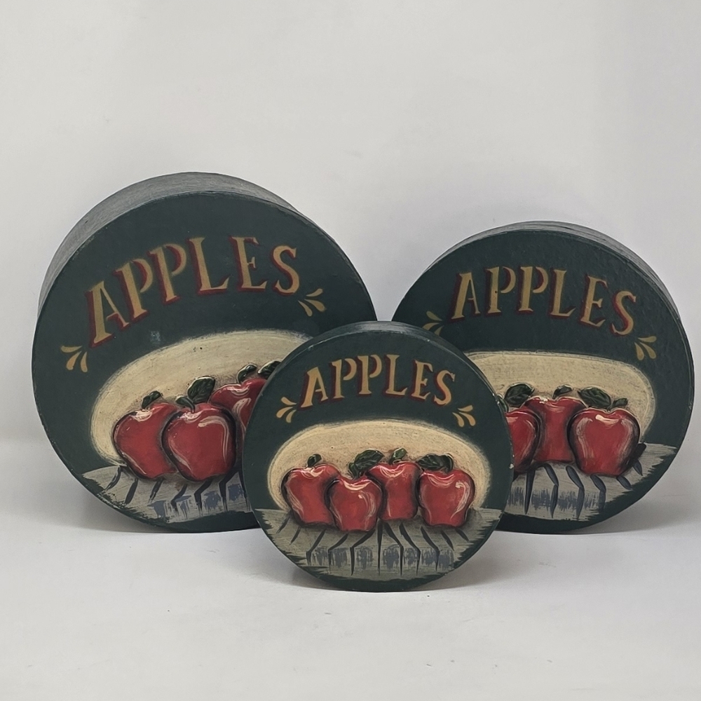 Vtg wood painted nesting boxes 3d‎ apples raised home decor storage organizer